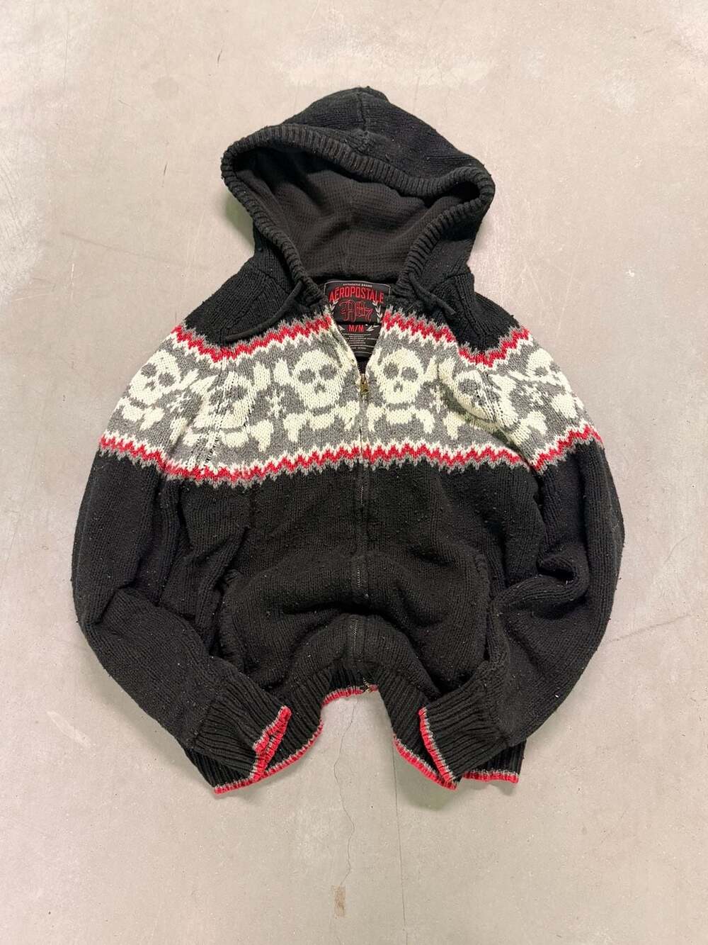 Aeropostale Vintage Y2K Skull Pattern Zip-Up Knit Hoodie Sweater